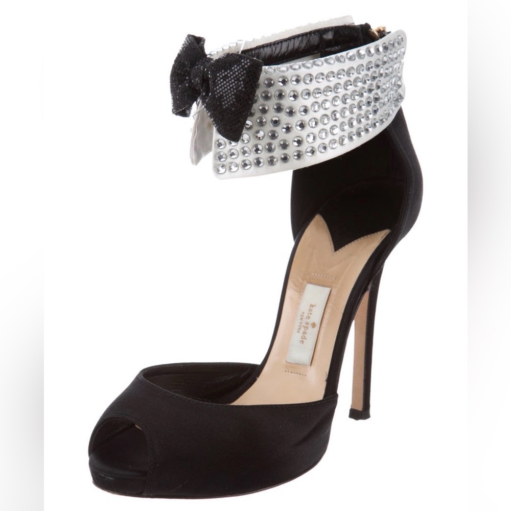 KATE SPADE BLACK TIE TUXEDO D’ORSAY BLACK SATIN RHINESTONE BOW HEELS SIZE 8